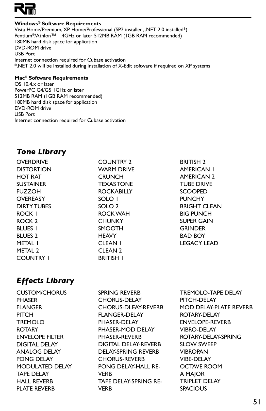 DigiTech RP1000 owner manual Tone Library, Effects Library, Windows Software Requirements, Mac Software Requirements 