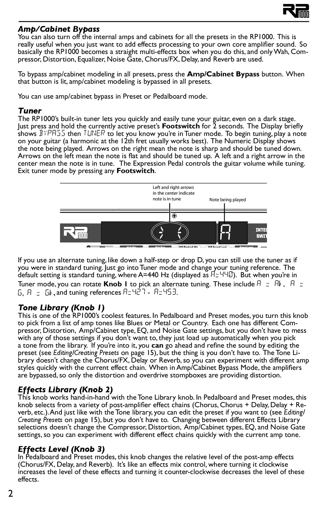 DigiTech RP1000 owner manual Amp/Cabinet Bypass, Tuner, Tone Library Knob, Effects Library Knob, Effects Level Knob 