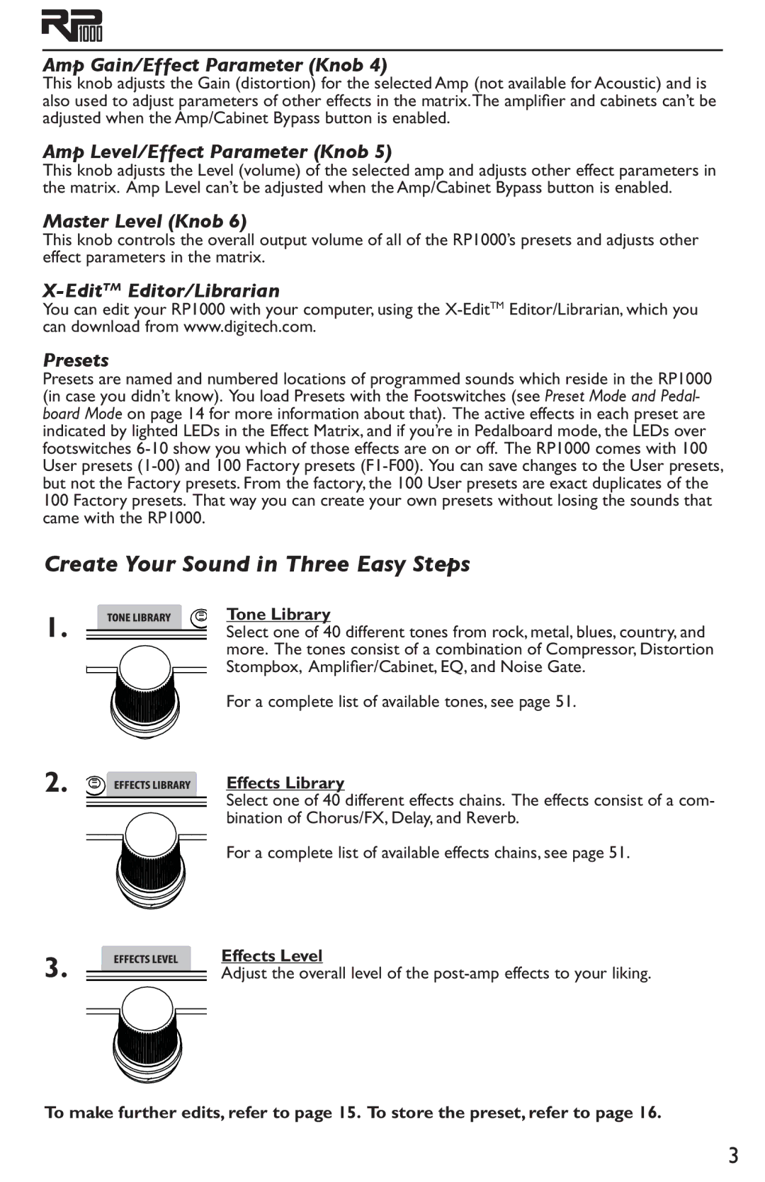 DigiTech RP1000 Create Your Sound in Three Easy Steps, Amp Gain/Effect Parameter Knob, Amp Level/Effect Parameter Knob 