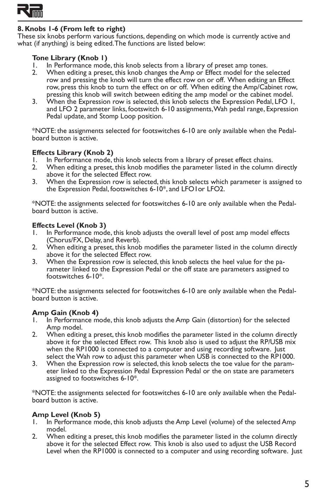 DigiTech RP1000 Knobs 1-6 From left to right, Tone Library Knob, Effects Library Knob, Effects Level Knob, Amp Gain Knob 