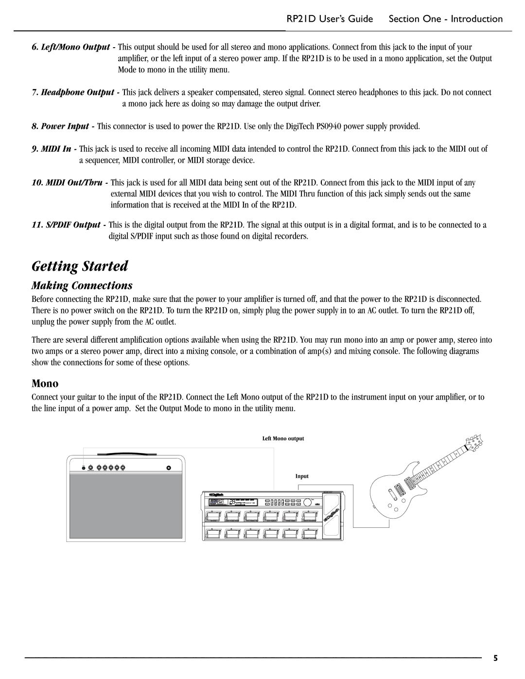 DigiTech RP21D manual Getting Started, Making Connections 