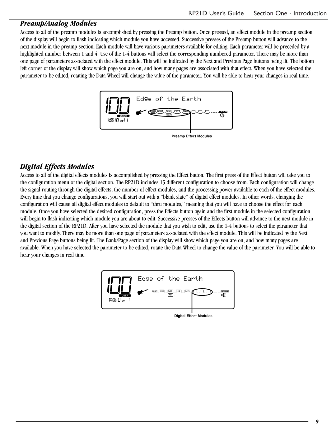 DigiTech RP21D manual Preamp/Analog Modules, Digital Effects Modules, Edge of the Earth 