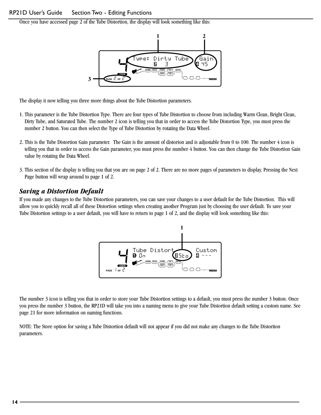 DigiTech RP21D manual Saving a Distortion Default, Type Dirty Tube Gain 