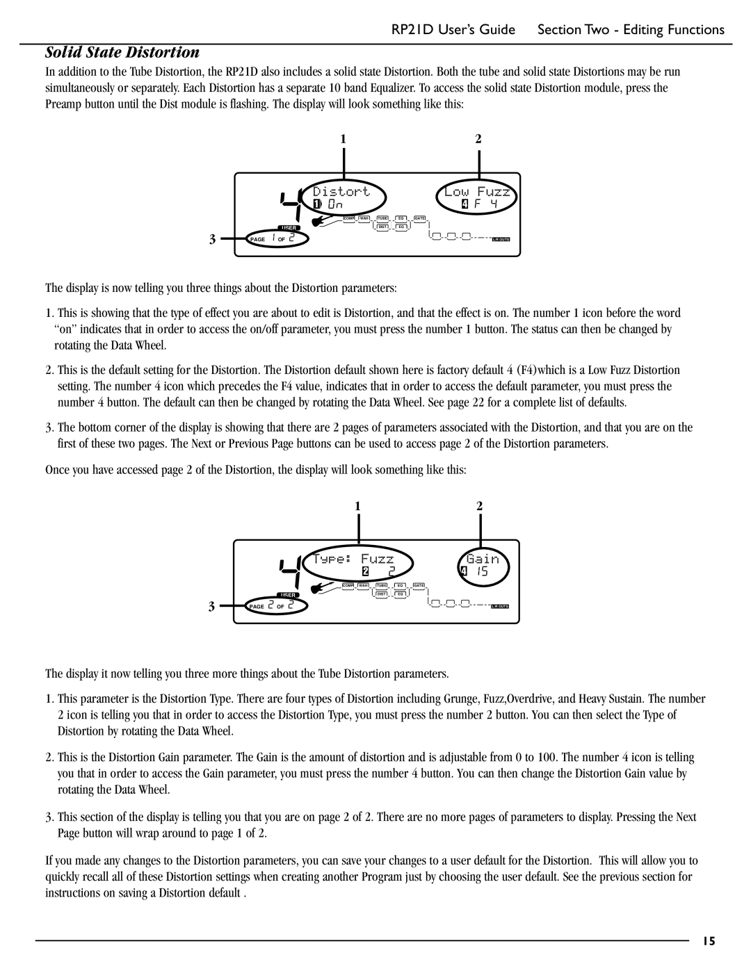 DigiTech RP21D manual Solid State Distortion, Low Fuzz, Type Fuzz 