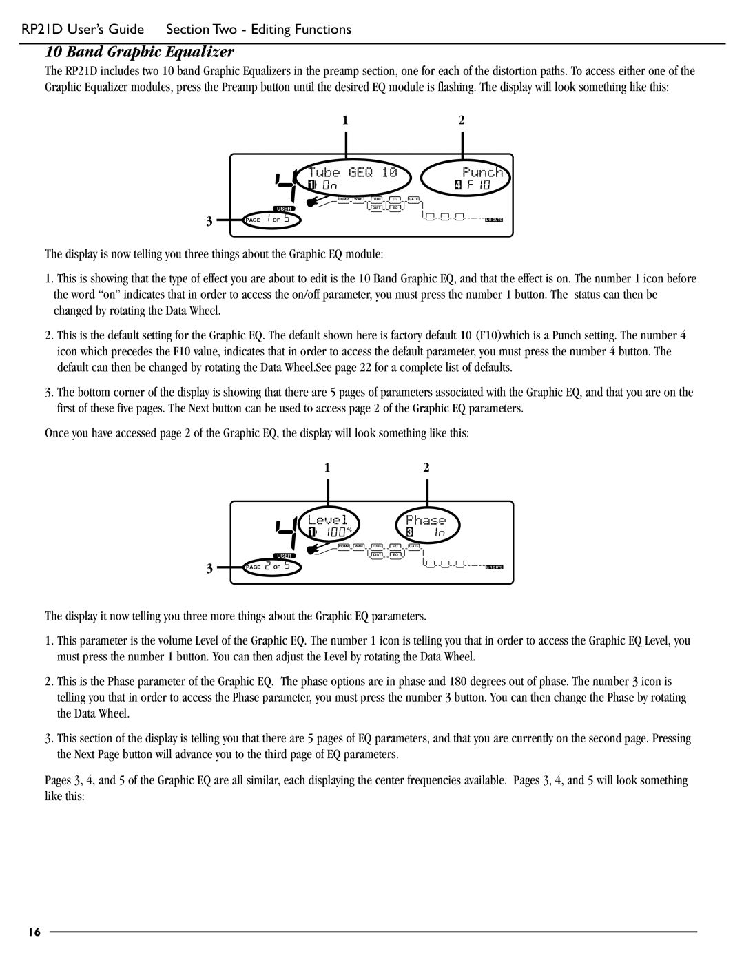 DigiTech RP21D manual Band Graphic Equalizer, Tube GEQ, Punch, Level Phase 