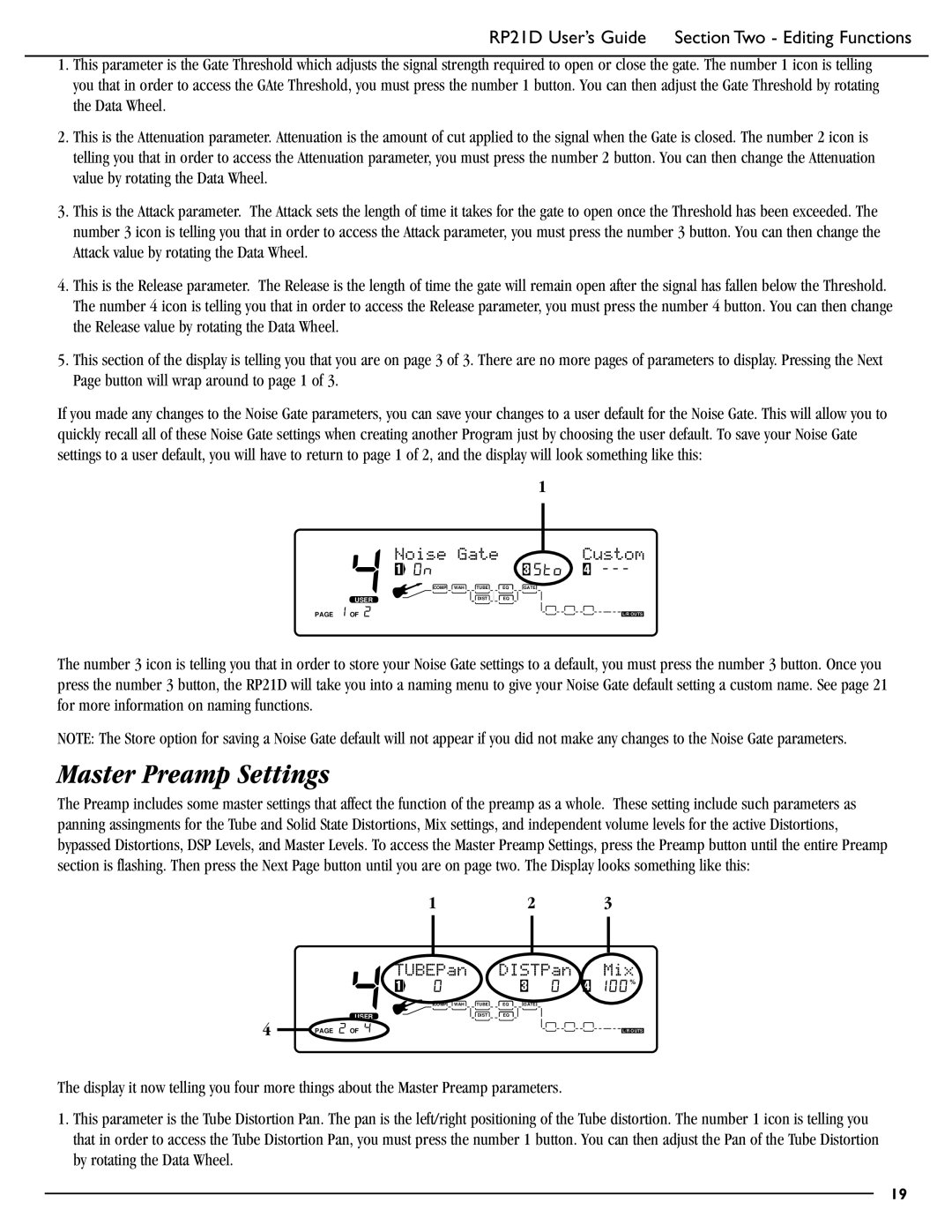 DigiTech RP21D manual Master Preamp Settings, Noise Gate Custom, DISTPan Mix 