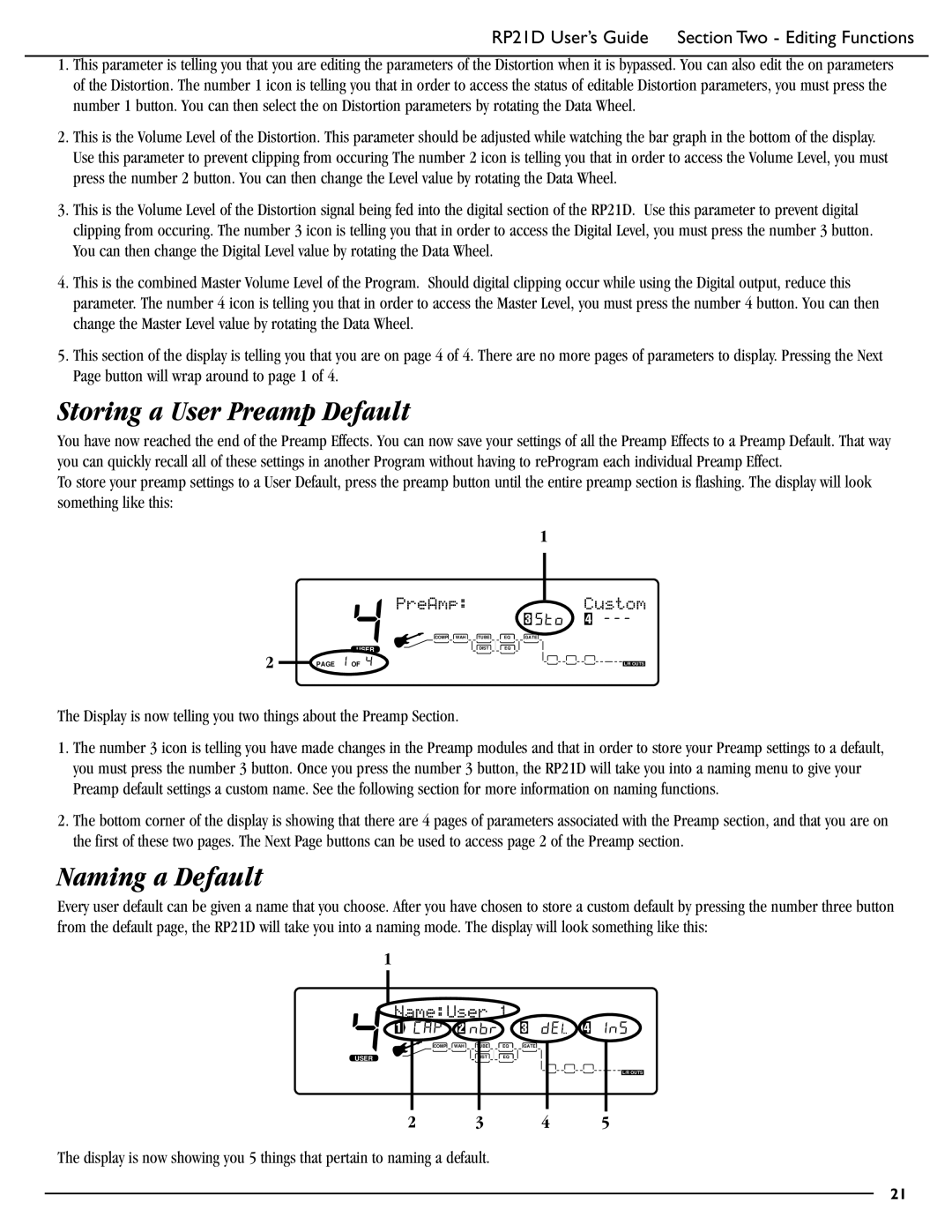 DigiTech RP21D manual Storing a User Preamp Default, Naming a Default, PreAmp Custom, NameUser 