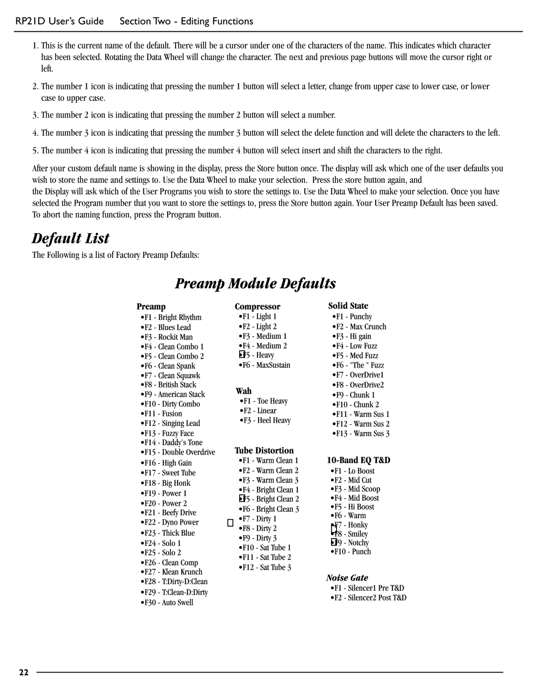 DigiTech RP21D manual Default List 