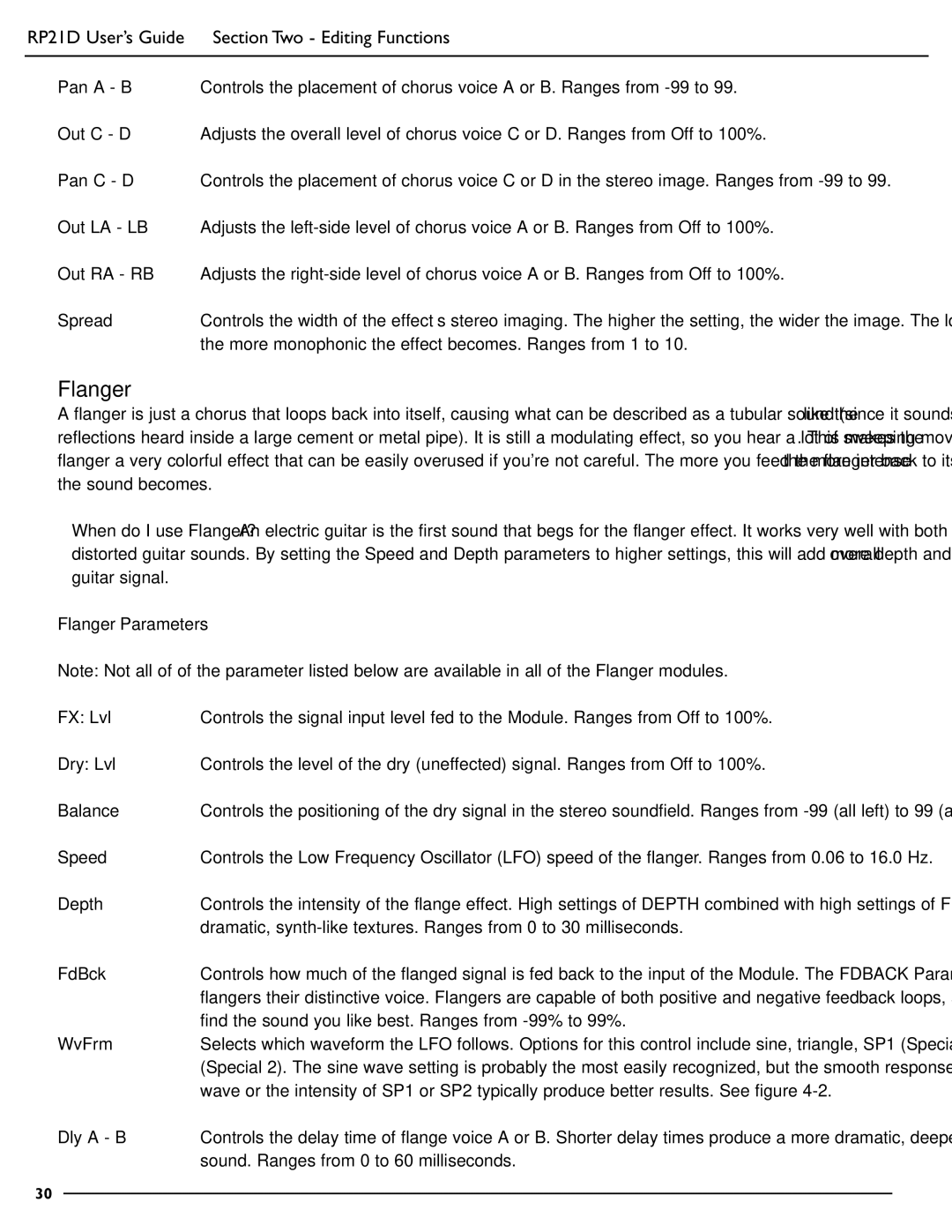 DigiTech RP21D manual Flanger Parameters 