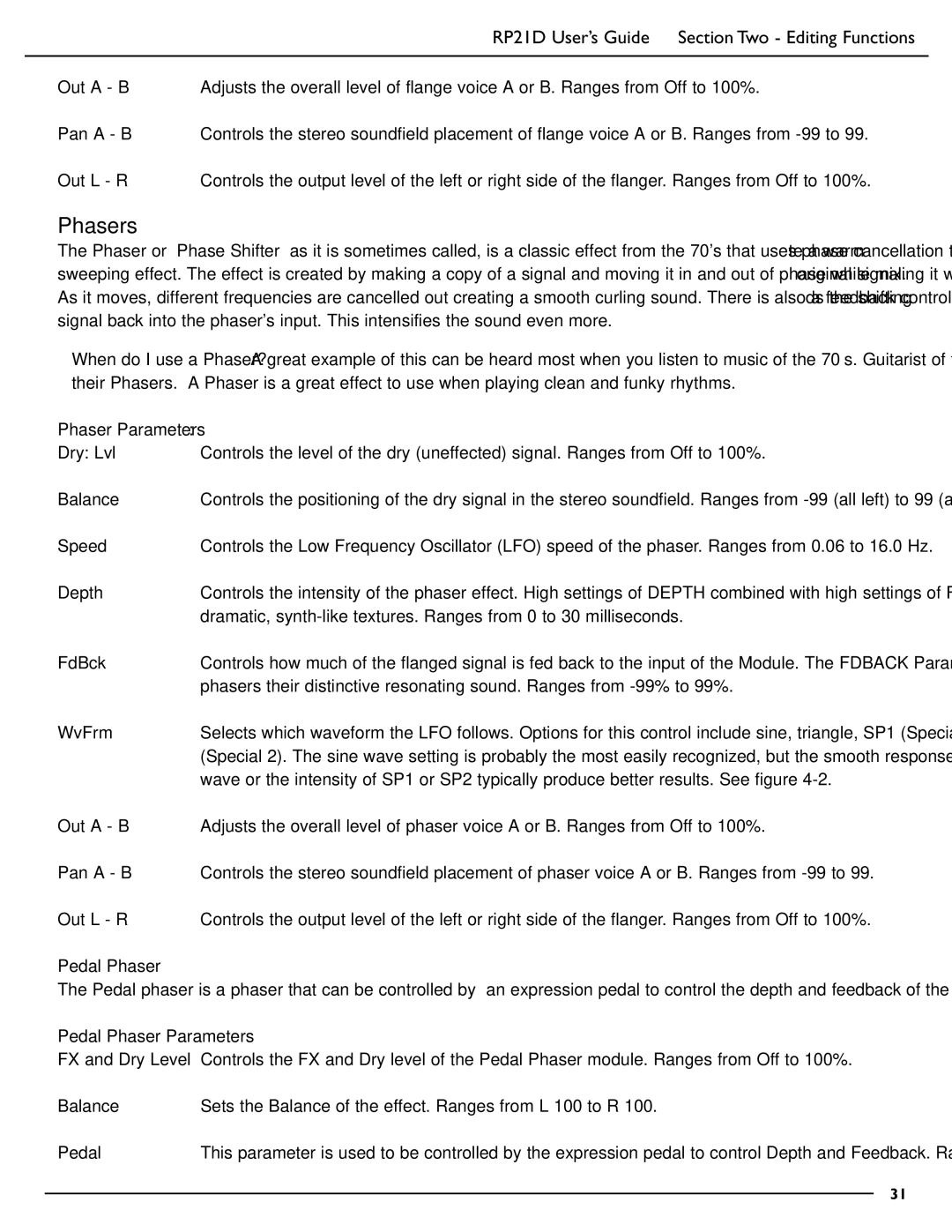 DigiTech RP21D manual Phasers, Out L R, Pedal Phaser Parameters 