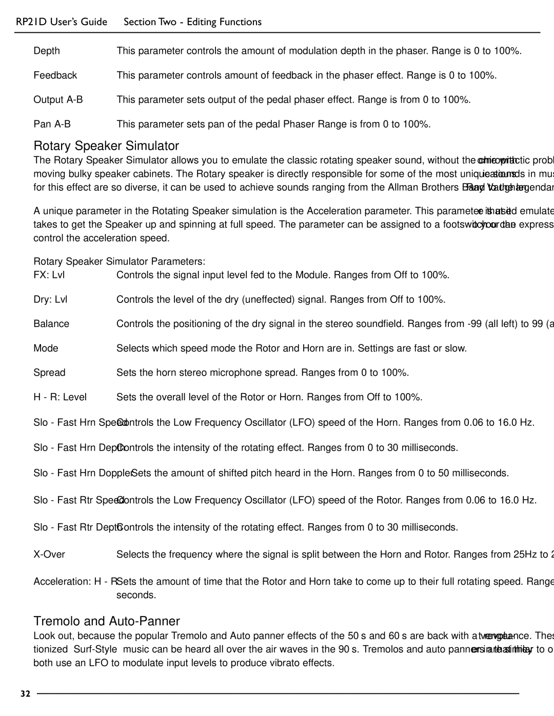 DigiTech RP21D manual Tremolo and Auto-Panner, Feedback, Rotary Speaker Simulator Parameters, Over 