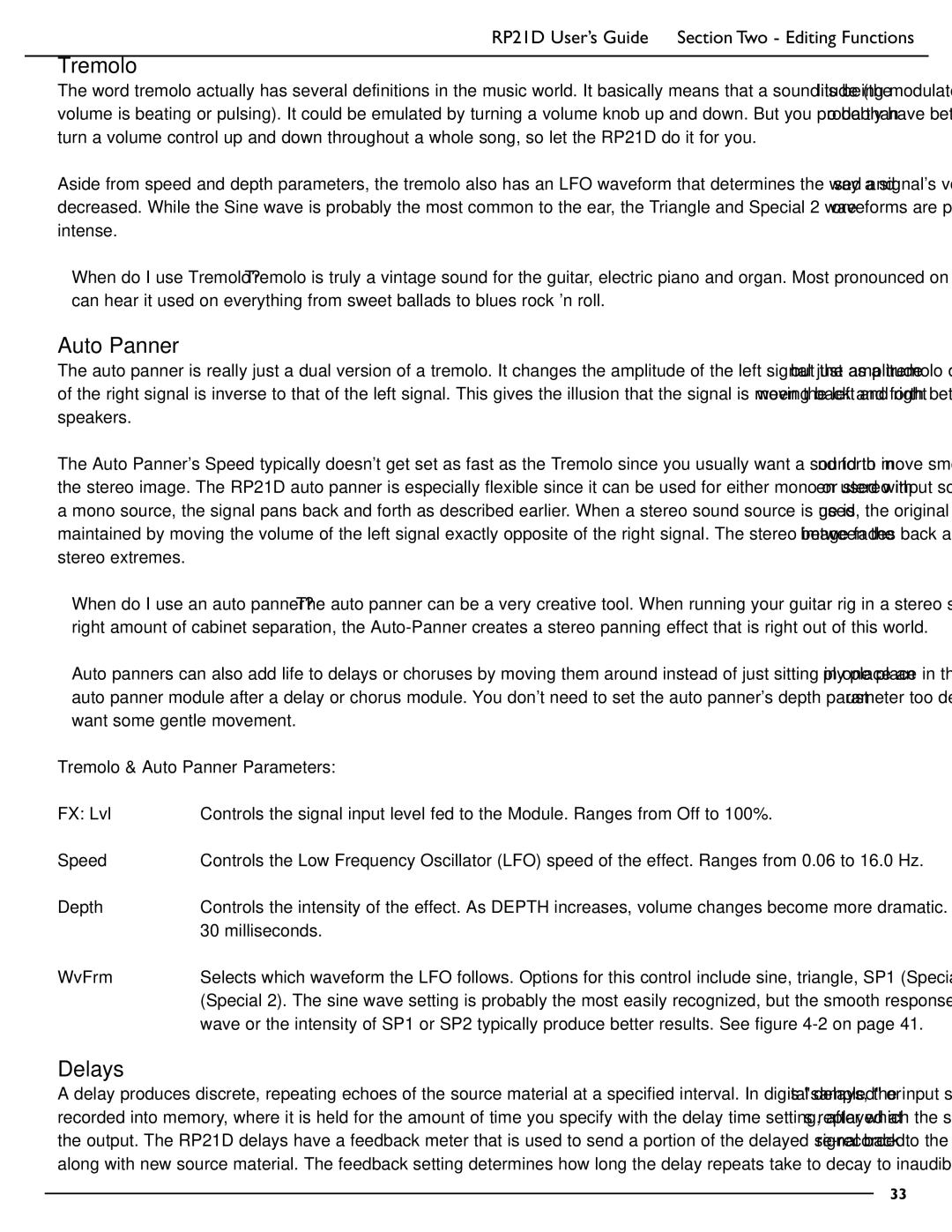 DigiTech RP21D manual Delays, Tremolo & Auto Panner Parameters 