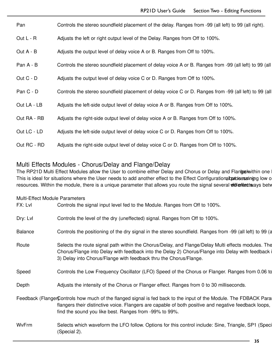 DigiTech RP21D manual Multi Effects Modules Chorus/Delay and Flange/Delay, Multi-Effect Module Parameters 