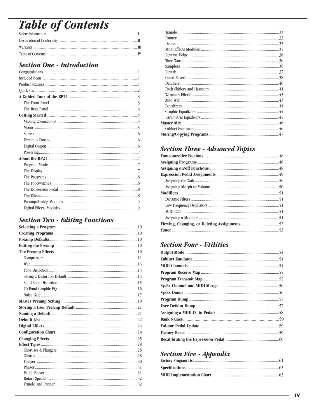 DigiTech RP21D manual Table of Contents 