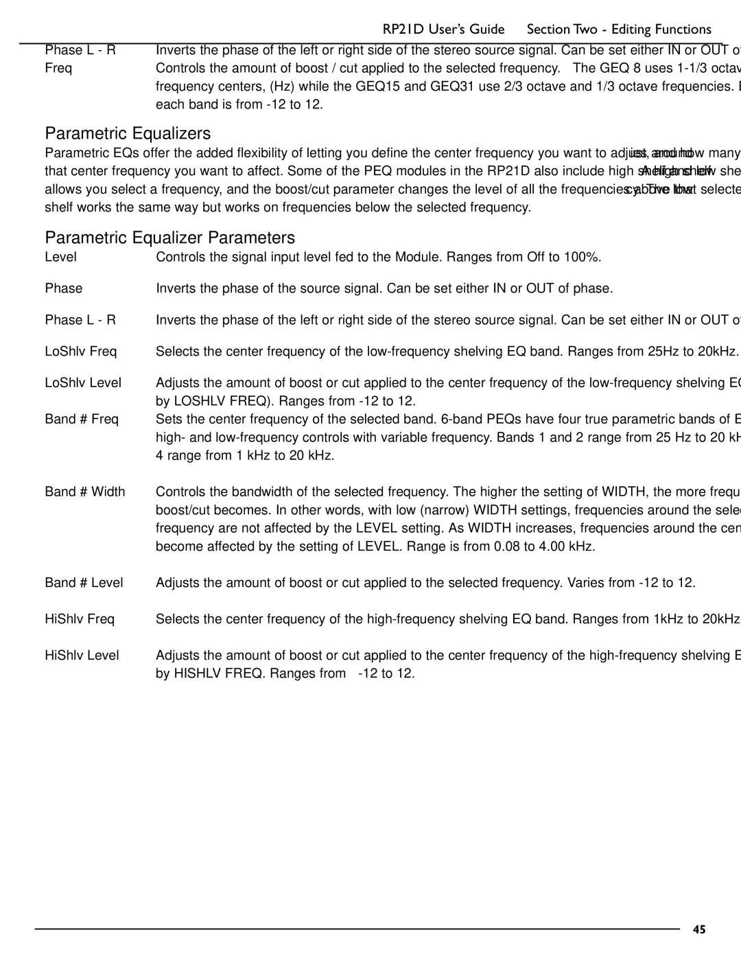 DigiTech RP21D manual Parametric Equalizers, Parametric Equalizer Parameters 