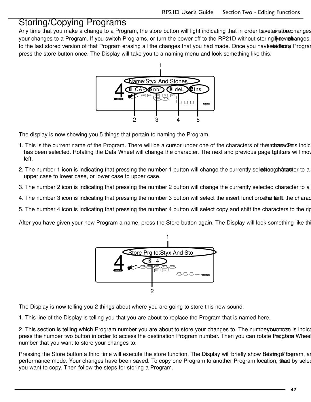 DigiTech RP21D manual Storing/Copying Programs, NameStyx And Stones, Store Prg toStyx And Sto 