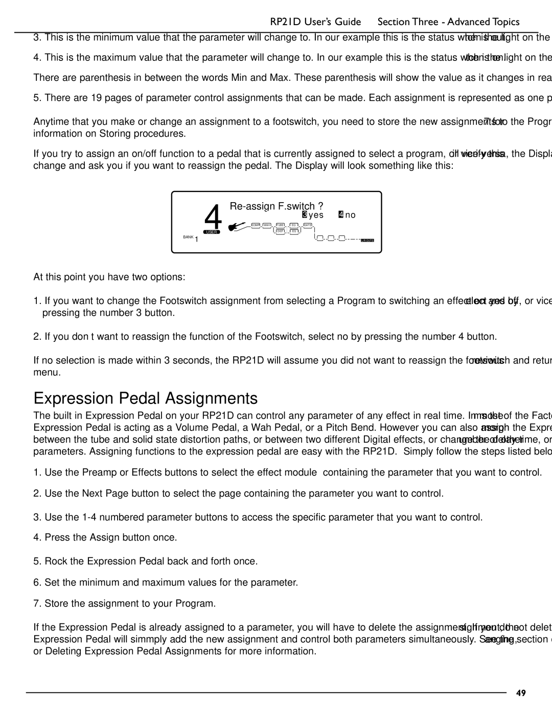 DigiTech RP21D manual Expression Pedal Assignments, Re-assign F.switch ? 