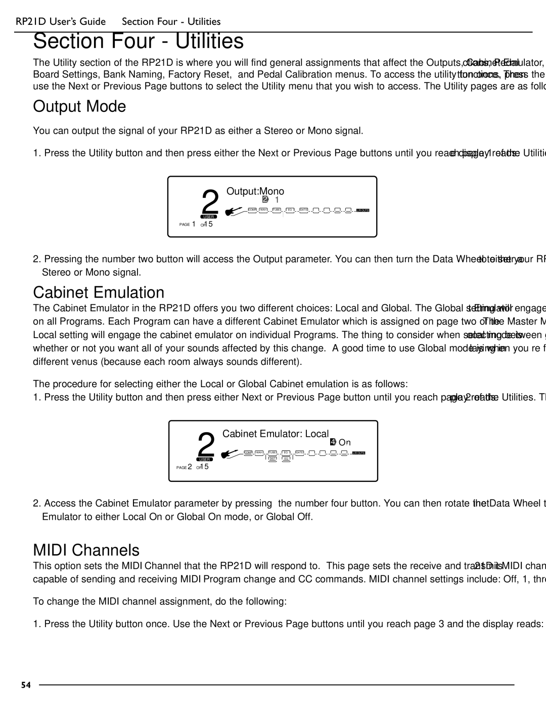 DigiTech RP21D manual Output Mode, Cabinet Emulation, Midi Channels, OutputMono, Cabinet Emulator Local 