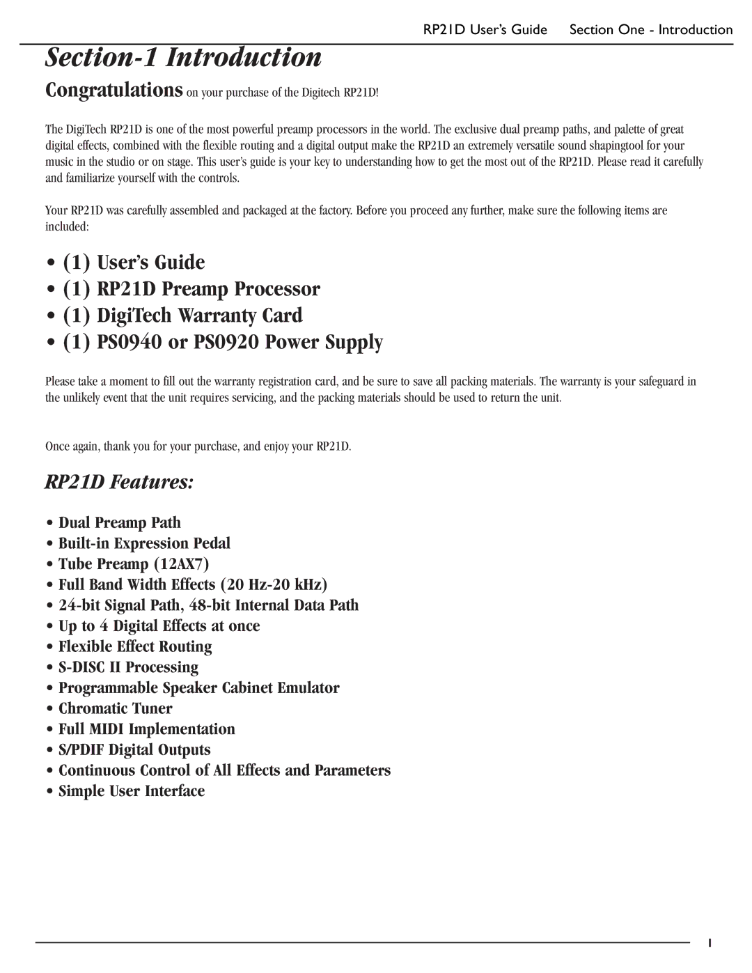 DigiTech manual Introduction, RP21D Features 