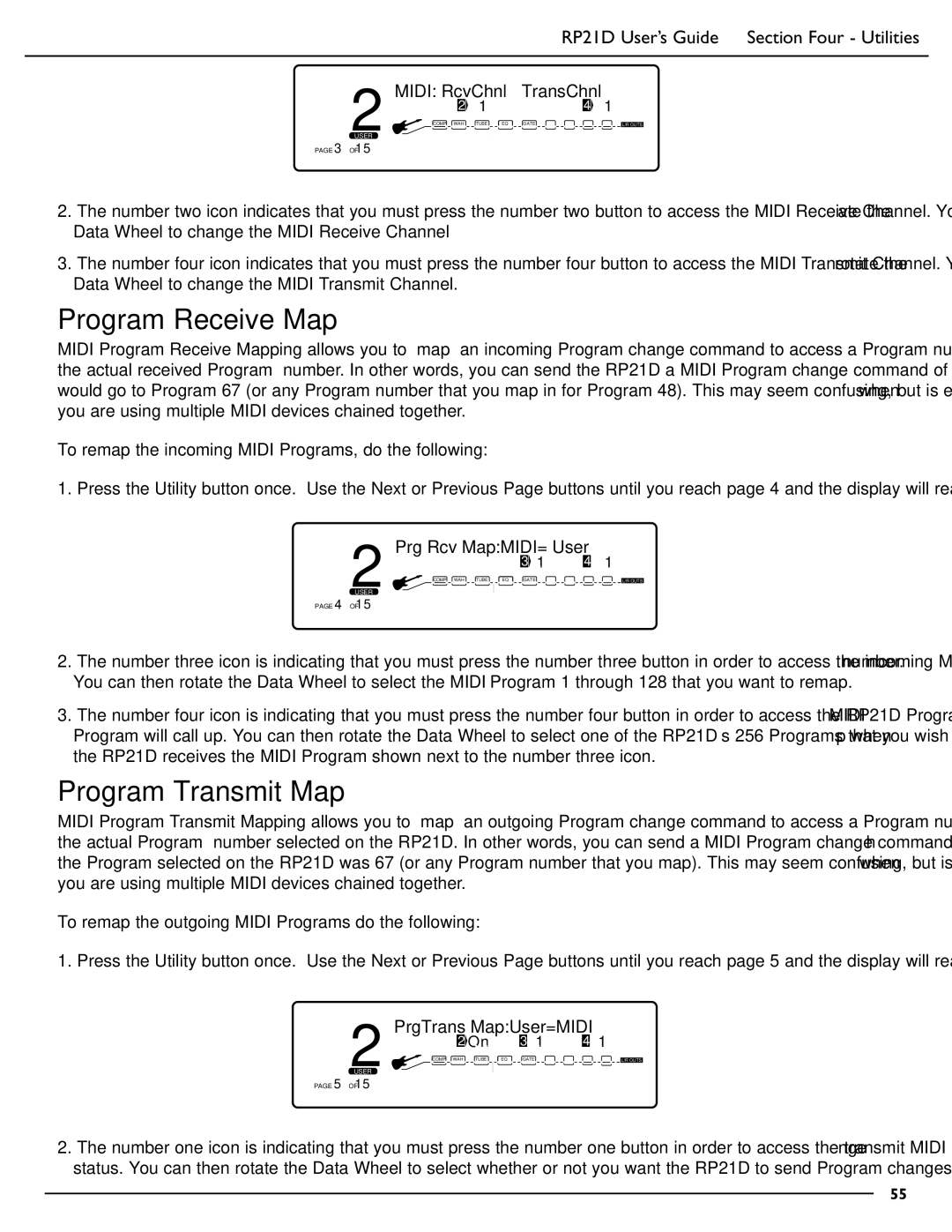 DigiTech RP21D manual Program Receive Map, Program Transmit Map, Midi RcvChnl TransChnl, Prg Rcv MapMIDI= User 