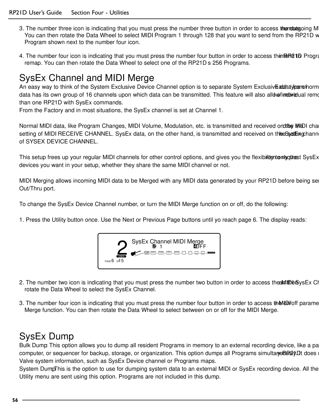 DigiTech RP21D manual SysEx Channel and Midi Merge, SysEx Dump, SysEx Channel Midi Merge 