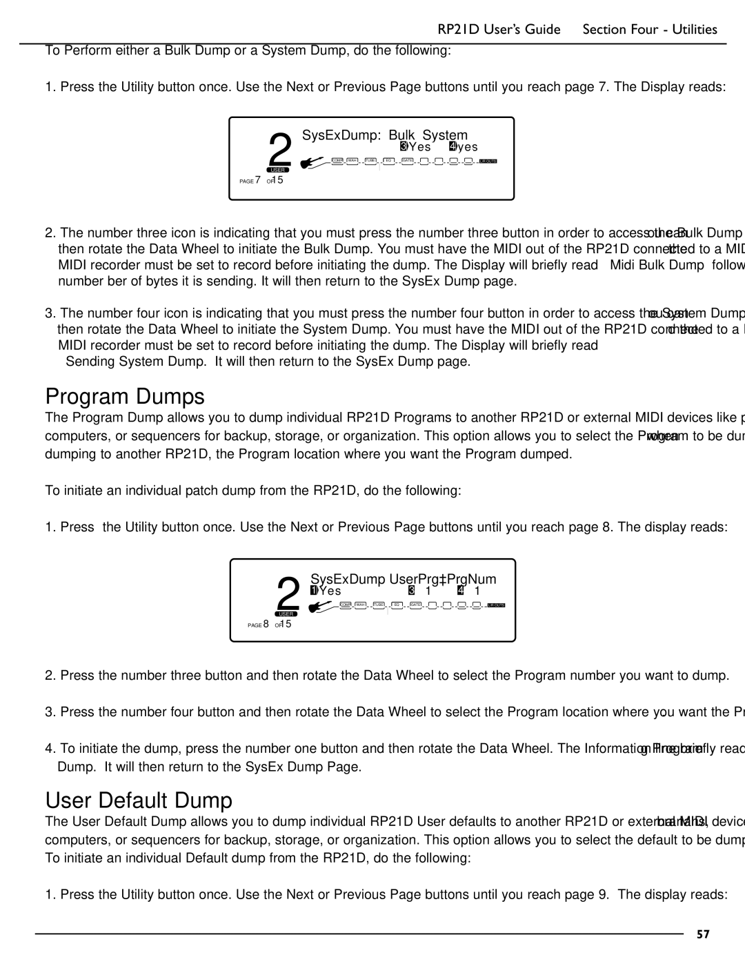 DigiTech RP21D manual Program Dumps, User Default Dump, SysExDump Bulk System, SysExDump UserPrg³PrgNum 