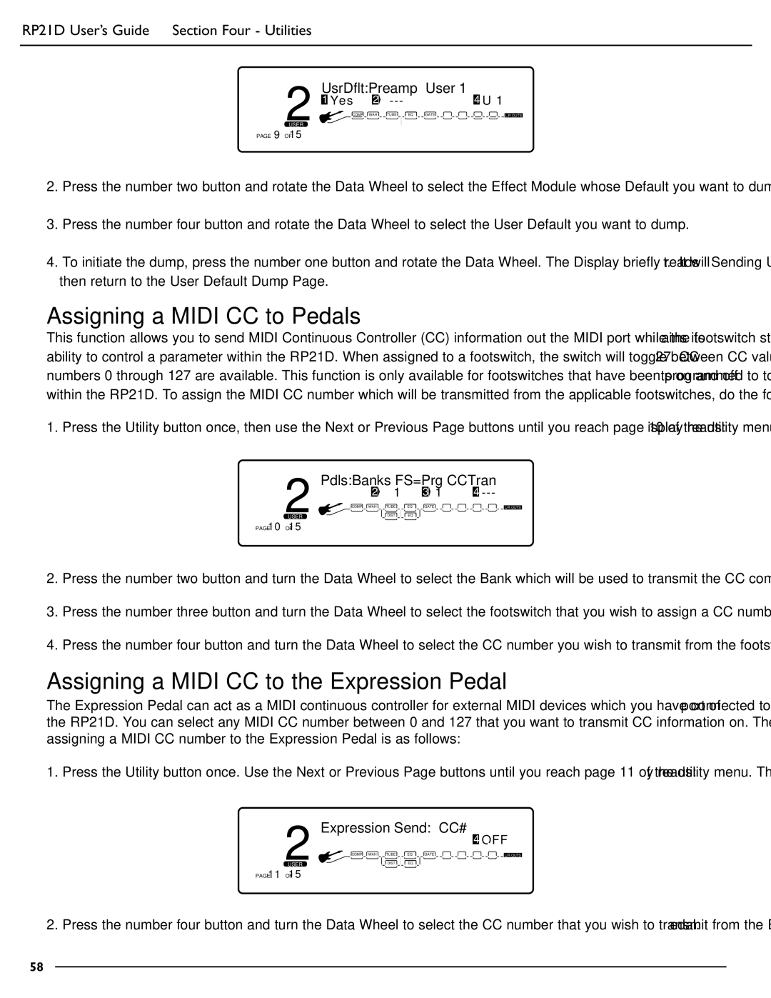 DigiTech RP21D manual Assigning a Midi CC to Pedals, Assigning a Midi CC to the Expression Pedal, UsrDfltPreamp User 