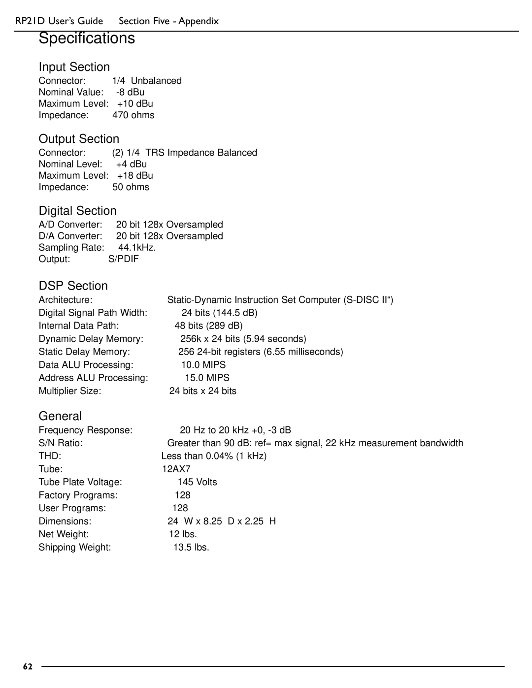 DigiTech RP21D manual Specifications, Input Section 