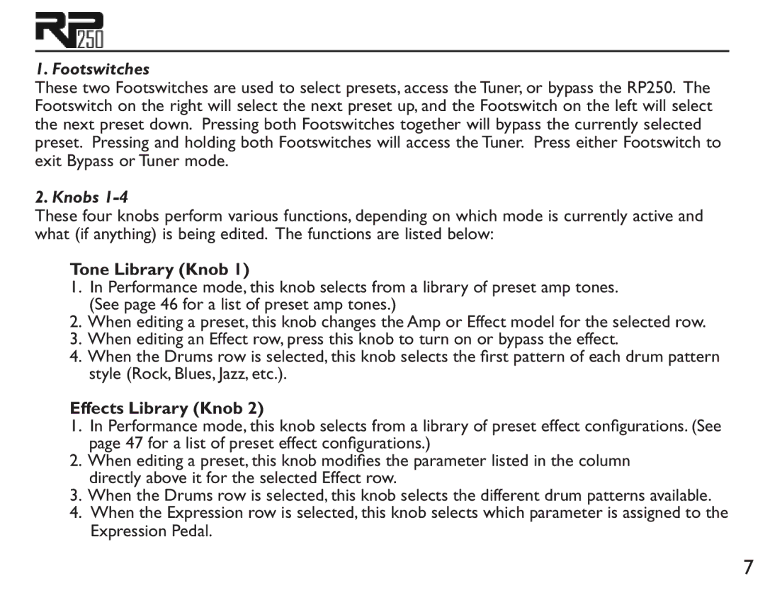 DigiTech RP250 user manual Tone Library Knob, Effects Library Knob 