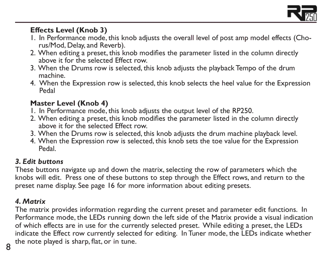 DigiTech RP250 user manual Effects Level Knob, Master Level Knob 