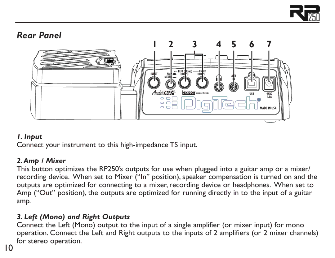 DigiTech RP250 user manual Rear Panel, 3 4 5 6 