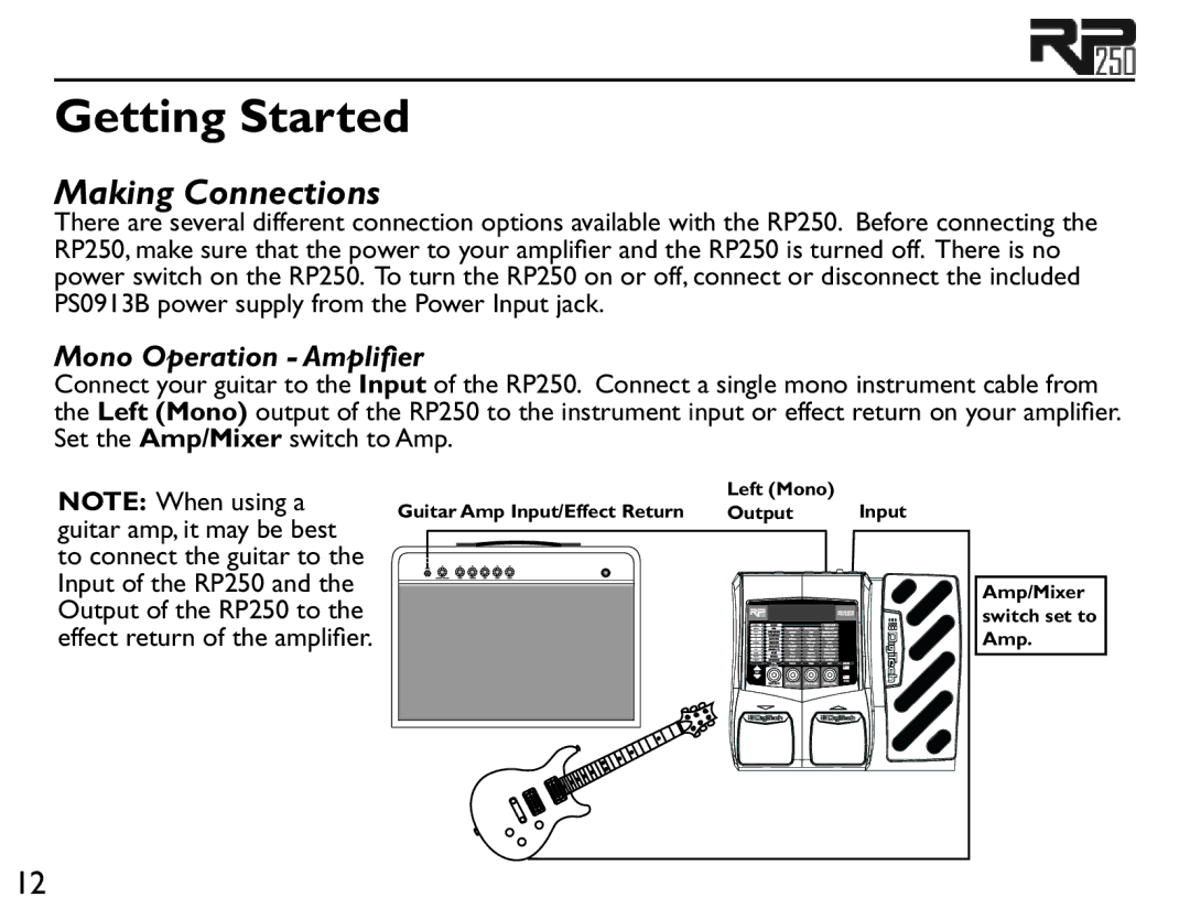 DigiTech RP250 user manual Making Connections, Mono Operation Amplifier 