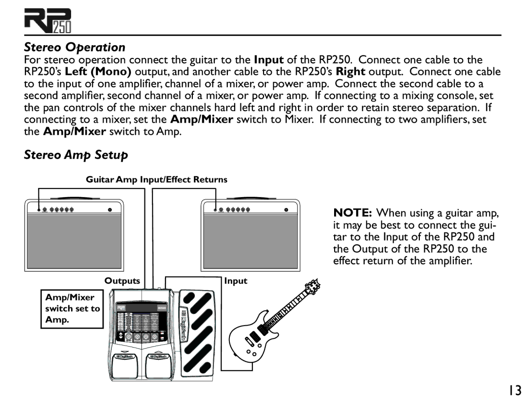 DigiTech RP250 user manual Stereo Operation, Stereo Amp Setup 