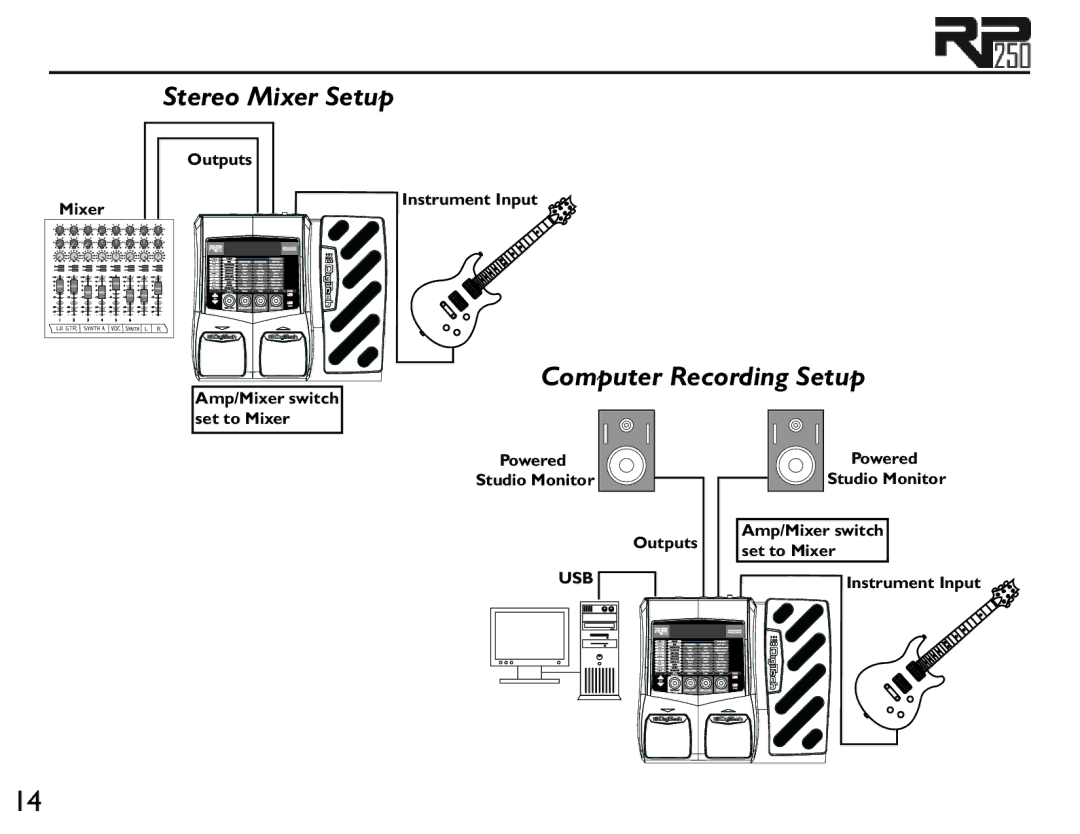 DigiTech RP250 user manual Stereo Mixer Setup, Computer Recording Setup 