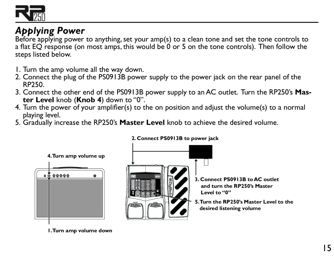 DigiTech RP250 user manual Applying Power 