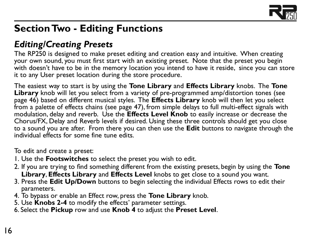 DigiTech RP250 user manual Section Two Editing Functions, Editing/Creating Presets 