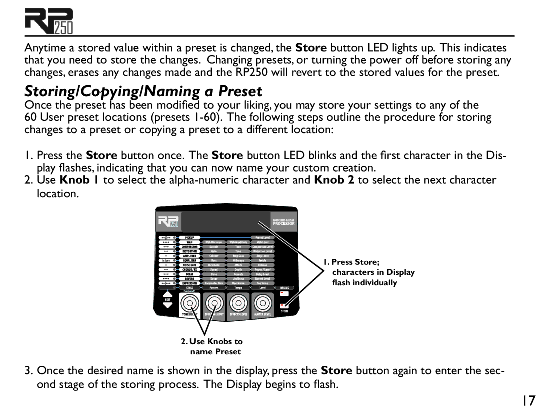 DigiTech RP250 user manual Storing/Copying/Naming a Preset 