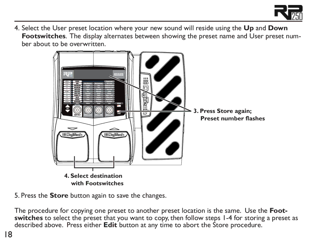 DigiTech RP250 user manual Press the Store button again to save the changes 