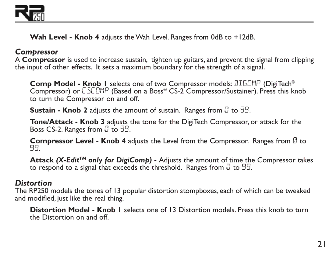 DigiTech RP250 user manual Compressor, Distortion 