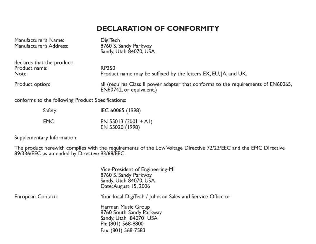 DigiTech RP250 user manual Declaration of Conformity 