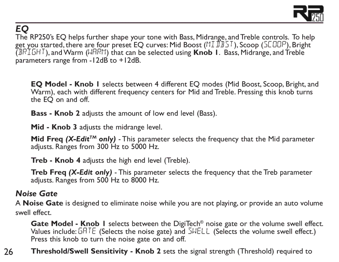 DigiTech RP250 user manual Noise Gate 