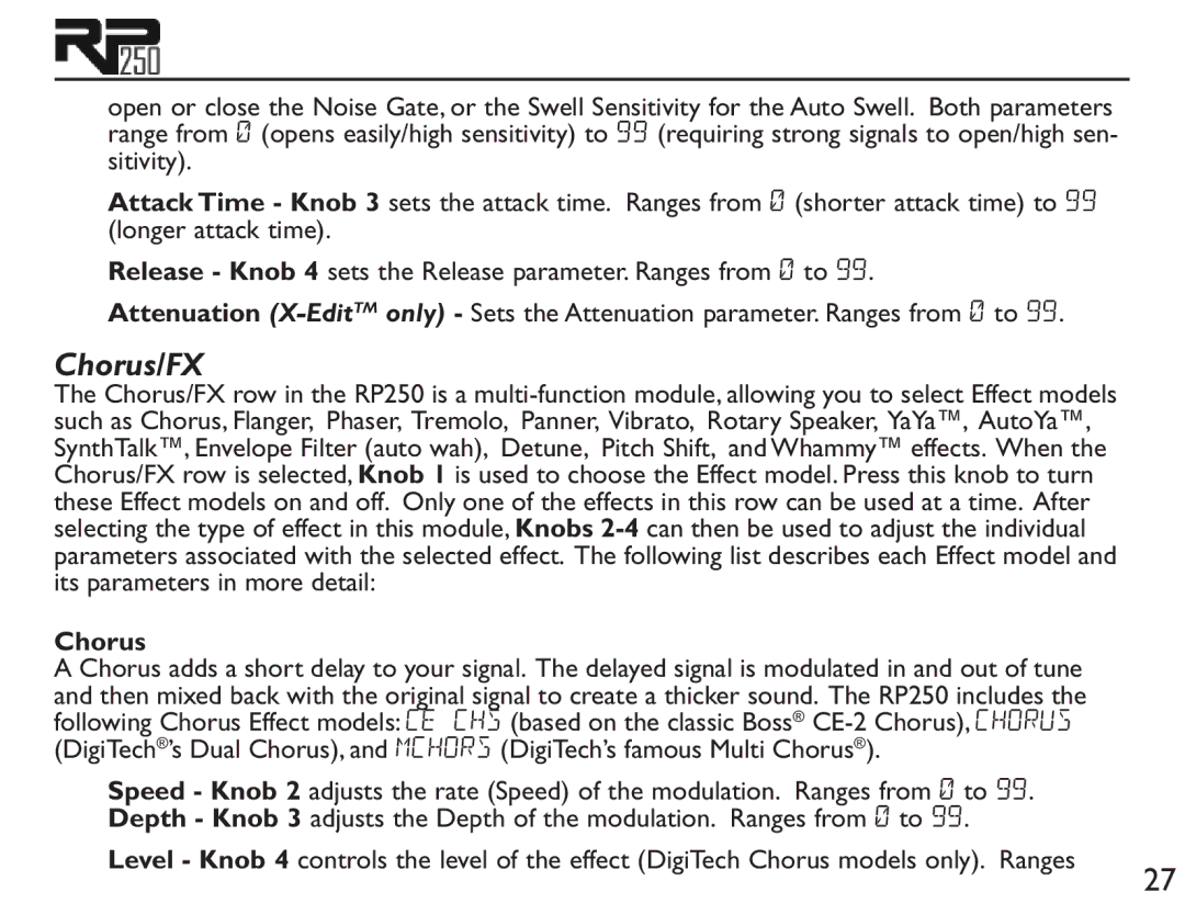 DigiTech RP250 user manual Chorus/FX 