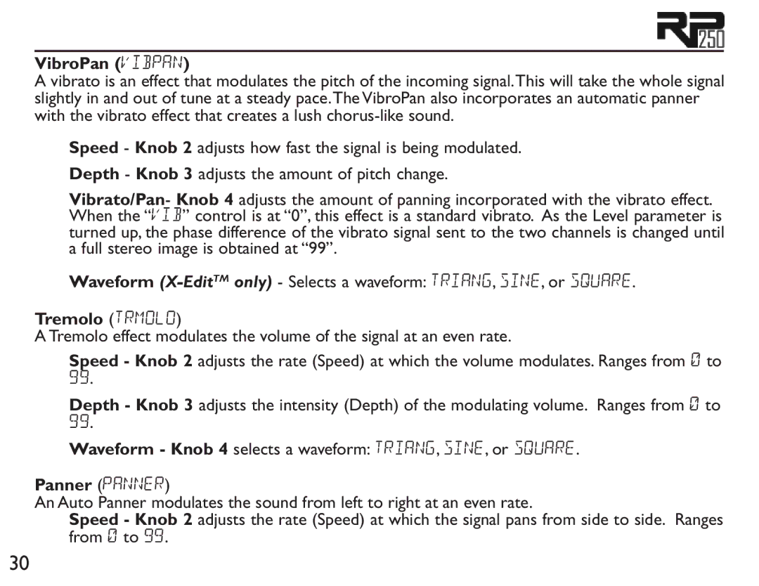 DigiTech RP250 user manual VibroPan vibpan, Tremolo TRMoLO 