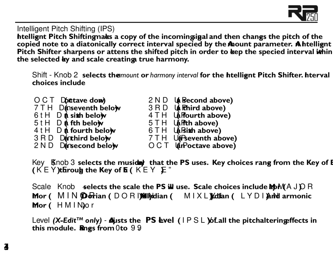 DigiTech RP250 user manual Intelligent Pitch Shifting IPS 