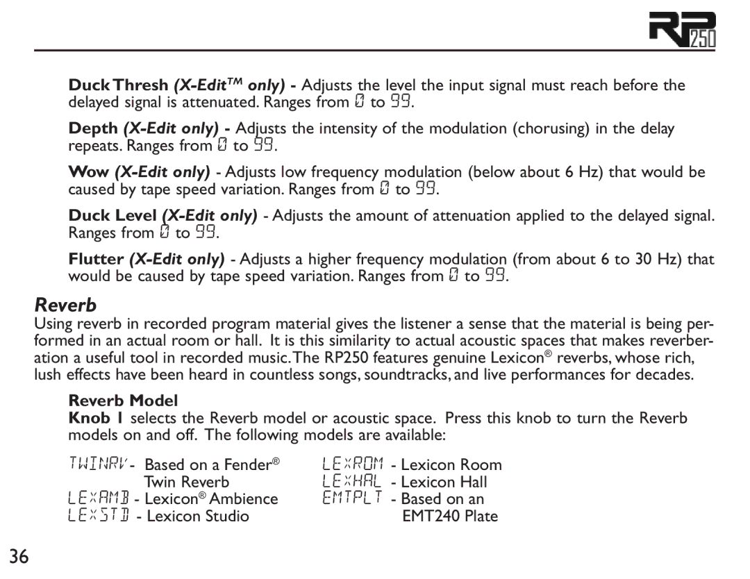 DigiTech RP250 user manual Reverb Model 