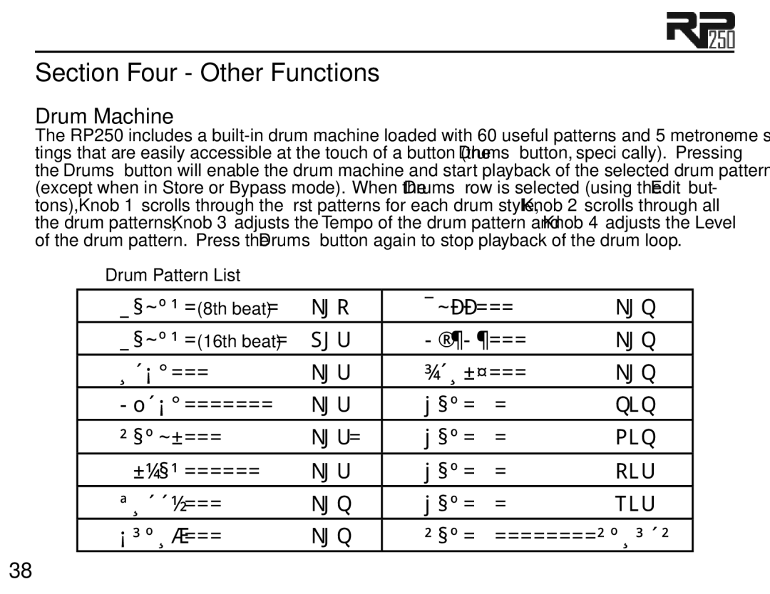 DigiTech RP250 user manual Drum Machine, Drum Pattern List 