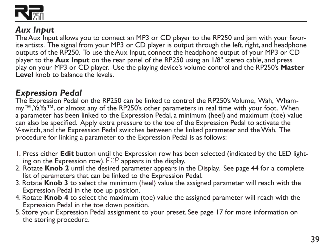 DigiTech RP250 user manual Aux Input, Expression Pedal 