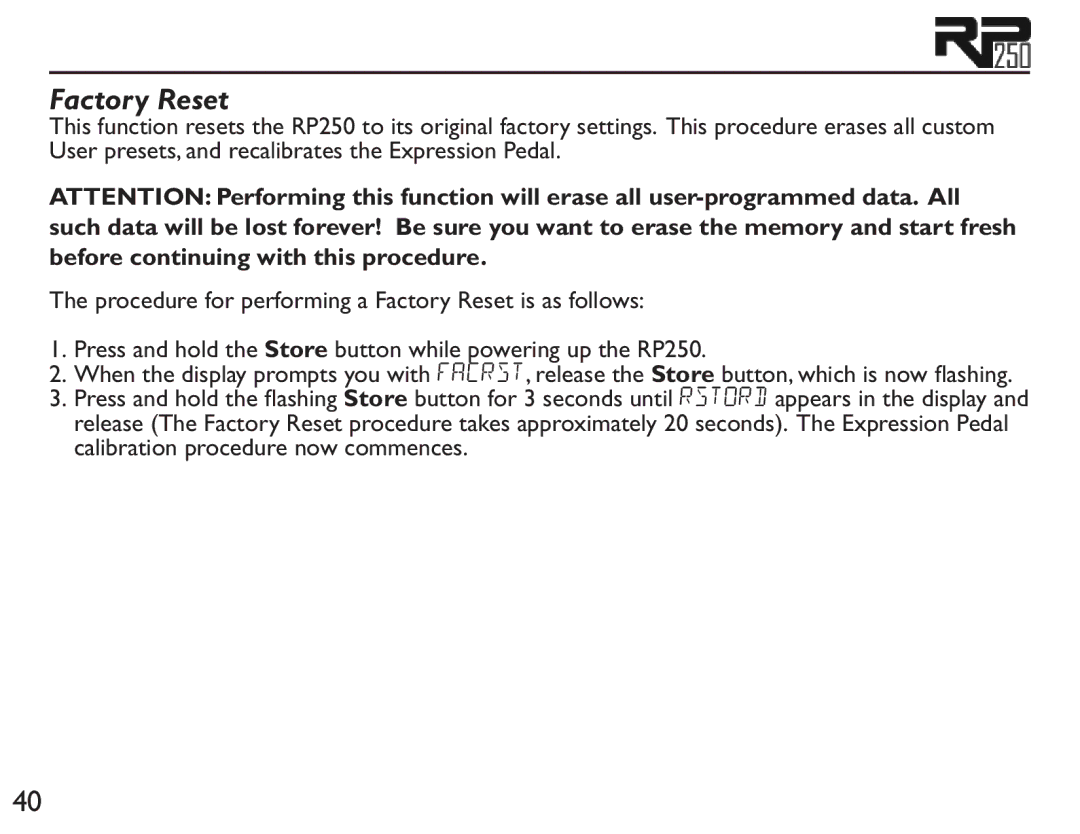 DigiTech RP250 user manual Factory Reset 