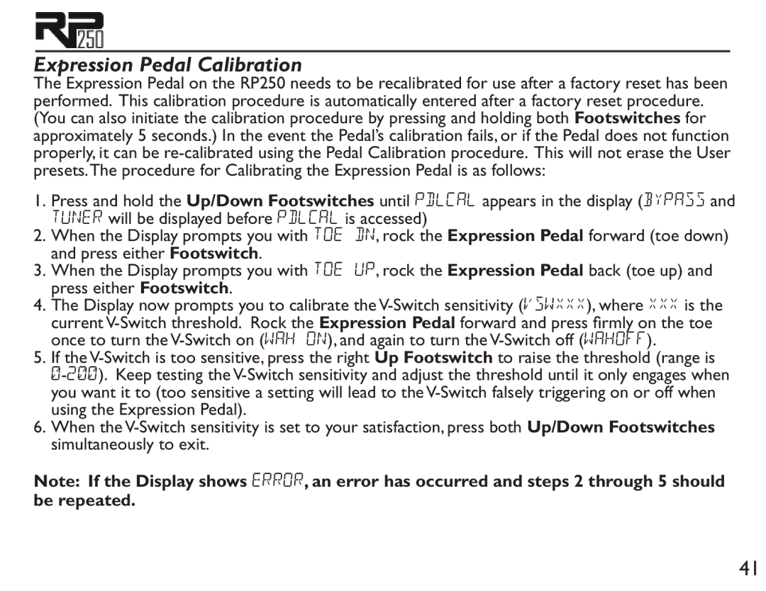 DigiTech RP250 user manual Expression Pedal Calibration 