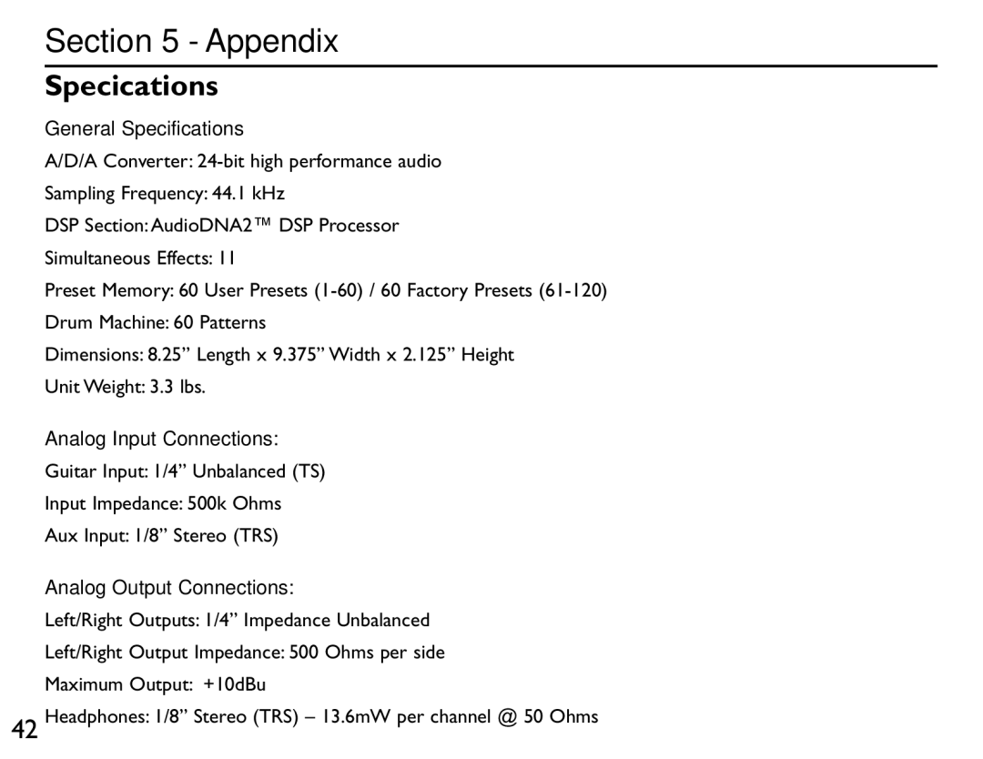 DigiTech RP250 user manual Appendix, Specifications 